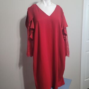 Eloquii size 16 Dress ruffle lace sheer flower pullover red v-neck longsleeve
